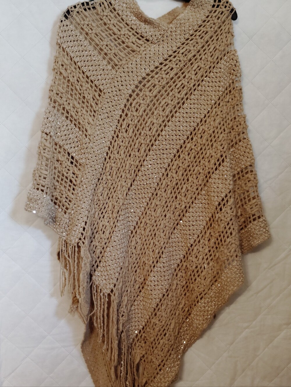 Beige Open-Knit Fringe Poncho Sweater with Sparkle Accents